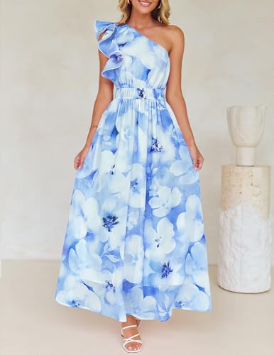 Image of ZESICA Women's 2026 Summer Floral Sleeveless Maxi Dress | One Shoulder, Sleeveless, Ruffle, High Waist, Beach Wedding Guest, Vacation, Graduation, Bridal Shower, Boho Long Dresses