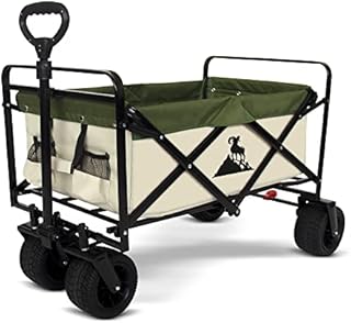 TOPWELL Folding Camping Cart Outdoor Push Wagon Trolley Trailer Transport Free Standing Collapsible Utility Grocery Canvas Fabric Rolling Buggies Garden Sport Wagonsgreen