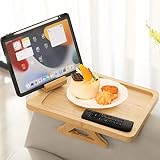 GEHE Bamboo Couch Arm Table, Foldable Couch Tray with 360° Rotatable Phone Holder, Sofa Arm Tray for