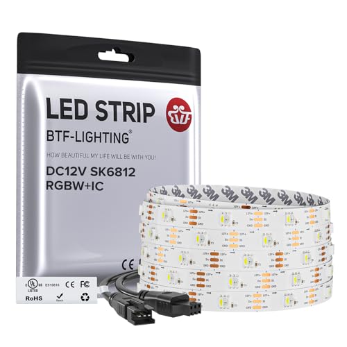 Image of BTF-LIGHTING SK6812(Similar WS2812B) UL Listed RGBW RGB+Cool White(6000K) Individually Addressable DC12V 16.4FT 30LED /m 4 Colors in 1 Light Dream LED Strip IP30 White PCB(No Adapter or Controller)