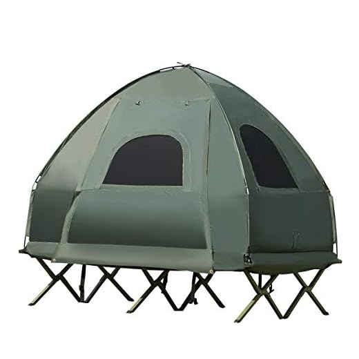 Double Tent Bed, Portable Camping Tent with Air Mattress and Pillow, Folding Camping Cot of Metal Frame, Double Sleep Bag with Polyester Canopy, for Outdoor Family Camping Picnic - Military Green