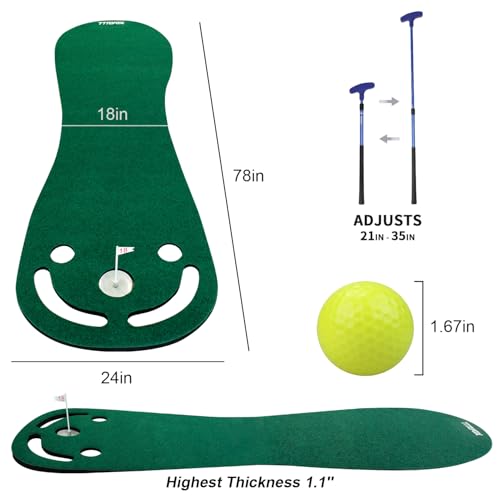 Image of KOFULL Putting Green Mats Set - Indoor /Outdoor Golf Putting Practice or Golf Game with 78 inch x 24 inch Putting Mat, Adjustable Putter, 3 Balls, Training Aid Cup & Flags