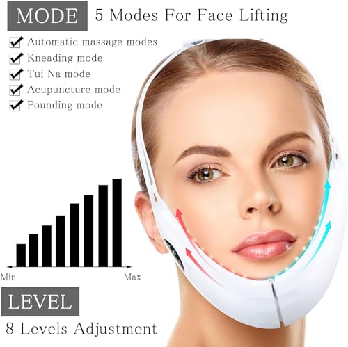 V Face Beauty Meter Elektrisches Gesichtsmassagegerät, V Face Lifting Gerät V Face Shaping Massagegerät Doppelkinn Entferner Gerät, 8 Gang Jawline Trainer Rot Blau Licht zur Reduzierung Doppelkinns