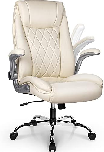 NEO CHAIR Office Chair Computer High Back Adjustable Flip-up Armrests Ergonomic Desk Chair Executive Diamond-Stitched PU Leather Swivel Task Chair with Armrests Lumbar Support (Ivory)