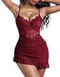 Avidlove Red Lingerie for Women Lace Babydoll Ruffle Hem Hip Dress Bra with Underwire Chemise Sexy Nightgown