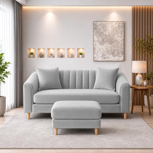 Image of Doraldo 2 Seater Sofa Set with Ottoman for Living Room (Grey) Premium Fabric Sofa