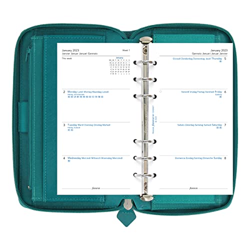 Filofax Saffiano Zip Organizer, Personal Compact Size, Aquamarine - Cross-Grain, Leather-Look, Six Rings, Week-To-View Calendar Diary, Multilingual, 2023 (C022536-23) #TOP3