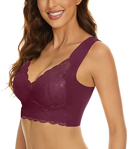 FEOYA Womens Workout Bra Sports Push up Lace Seamless Zero Feel Sleep Bras High Impact Fitness Yoga Bras Wireless Removable Padded Comfy Bra Purple XL