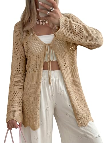 SHEWIN Cardigans for Women Summer Crochet Cardigan Lightweight Boho Tie Front Cardigan Summer Outfits for Women 2026 Parchment Medium