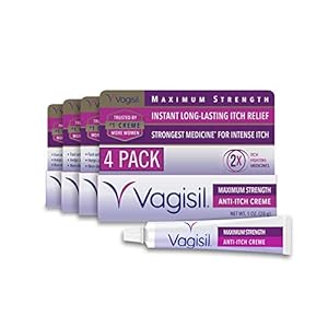 Vagisil Maximum Strength Feminine Anti-Itch Cream with Benzocaine for Women, Helps Relieve Yeast Infection Irritation, Gynecologist Tested, Fast-acting, Soothes and Cools Skin, 1 oz (Pack of 4)