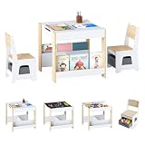 GOPLUS 4 en 1 Table d'Activité Enfant avec 2 Chaises en Bois (Naturel) | Petite Ensemble de Dessin avec Plateau Table Réversible, Tableau Noir, 2 Boîtes de Rangement et Étagères, Bureau pour Jouer