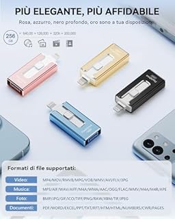 Chiavetta USB 256GB per iPhone, certificata MFi, con Lightning, Type A, Type-C e micro USB, compatibile con iPhone, iPad, Android e PC, USB 3.0 veloce, espansione di foto, documenti e video,Blu