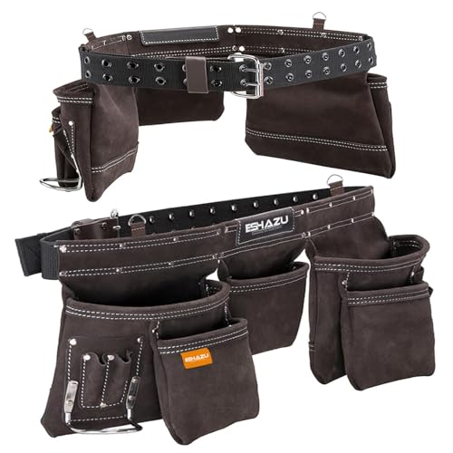 Eshazu Professional Leather Tool Belt - Carpenter tool belt - Pouches tool leather - Tool belt for carpenters with 12 Pockets, Hammer Loop - Suitable for Electricians - Accommodates Waist up to 52”