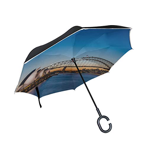 Preisvergleich Produktbild Double Layer Inverted Compact Umkehrbare Regenschirmbrücke Und Opernhaus Bright Sydney Harbour Taschenschirme Für Männer Herren-Umkehrschirm Winddicht UV-Schutz Für Regen Mit C-förmigem Griff