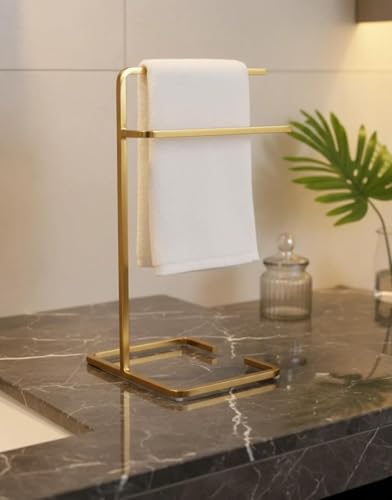Image of Stand Wallah Gold Towel Stand for Bathroom & Kitchen | Freestanding Double Bar Hand Towel Holder | Rust Resistant Metal Countertop Towel Rack | Modern Luxury Design for Kitchen, Sink