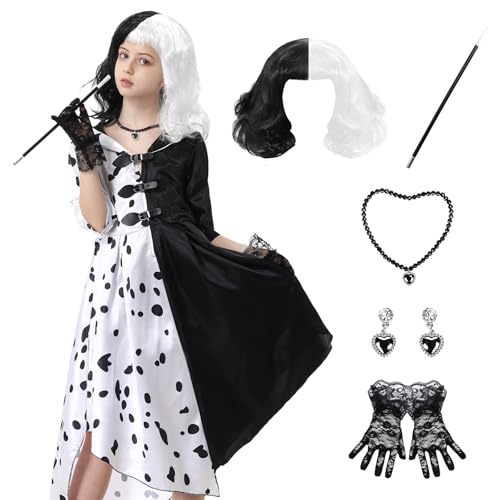 IEEILULU Disfraz Cruella Devil Niña, Cruella de vil Vestido, Carnaval Cruella Disfraz para Mujer, para Fiesta Temática Carnaval Cosplay Mardi Gras (B, 4)
