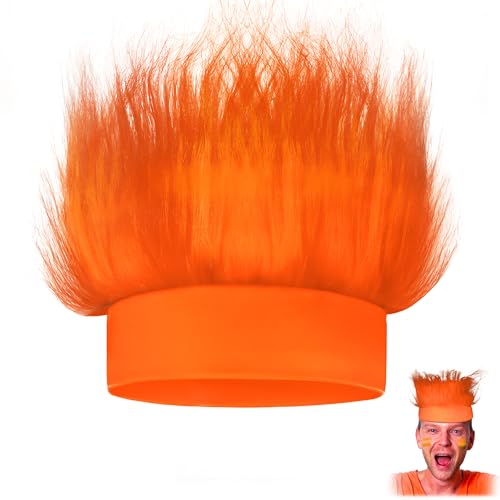 Novelty Place Diadema de pelo naranja para disfraz – Peluca divertida y esponjosa con pelo loco y accesorios de disfraz de pelo de troll – perfecta para fiestas deportivas, disfraces, cosplay y