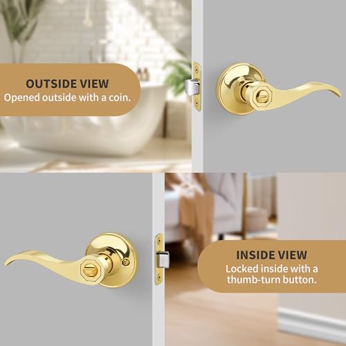 Gaurqiah Wave Style Privacy Door Handle with Privacy Lock, Keyless Door Lever for Bathroom/Bedroom in Polished Brass Finish, No Key Reversible Lever for Left/Right Doors by Gaurqiah - Used condition - Image 6