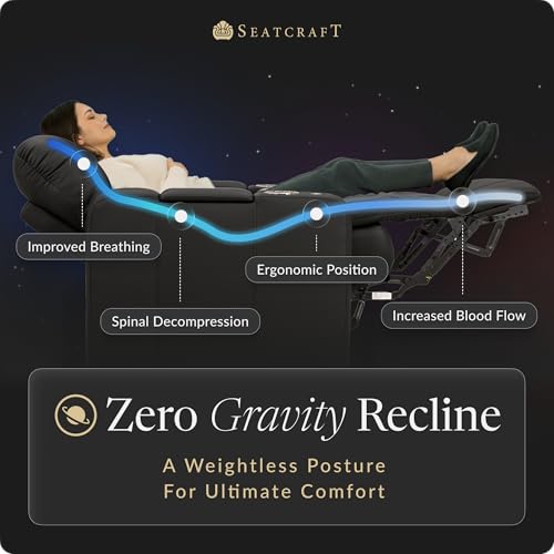 Image of Seatcraft Monterey Black Italian Leather Home Theater Seating, Zero Gravity Power Recliner, Gaming and Home Office Chair, Powered Headrest Furniture for Family Cinema Room, Single Recliner