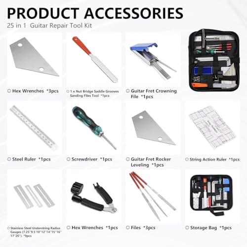 Image of HASTHIP 25 in 1 Guitar Repair Tool Kit, Guitar Maintenance & Setup Tool Kit, Fret Ruler, Radius Gauges, Nut & Fret Files, String Winder & More, with Organizer Bag