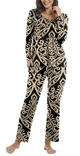 Taohuadao Womens Fall 2 Piece Pajama Sets, Long Sleeve Pleated Tunic Tops With Comfy Pants, Lounge Sleepwear Ladies Pjs Sets With Pockets 2Xl, Fl Khaki #TOP1