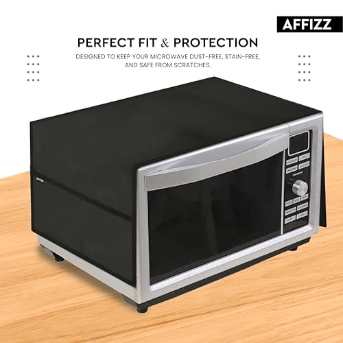 Image of Microwave Cover Top - Waterproof Dustproof Polyester Oven Cover for Kitchen with 4 Side Pockets, Modern Design, Black (100 x 35 cm)