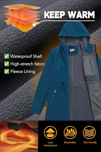 Image of FARVALUE Women's Long Softshell Jacket Waterproof Lightweight Warm Windproof Hooded Fleece Lined Rain Coat for Outdoor