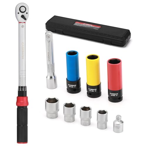 CASOMAN 10PCS Torque Wrench 1/2-Inch Drive Click 20-230 Nm Dual-Direction Adjustable Torque Wrench Set, Include Adapter and Extension Bar, for Car Repair, Tire Replacement
