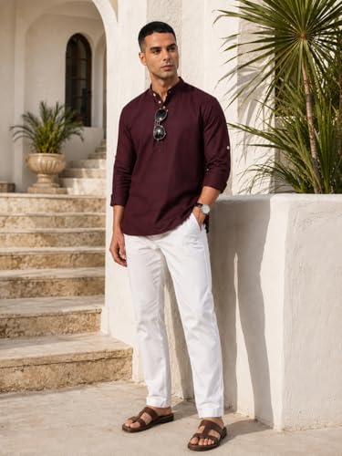 Image of Majestic Man Men's Pure Cotton Solid Mandarin Collar Slim Fit Roll-Up Sleeves Short Kurta Lightweight Summer Kurta for Daily & Occasion Use