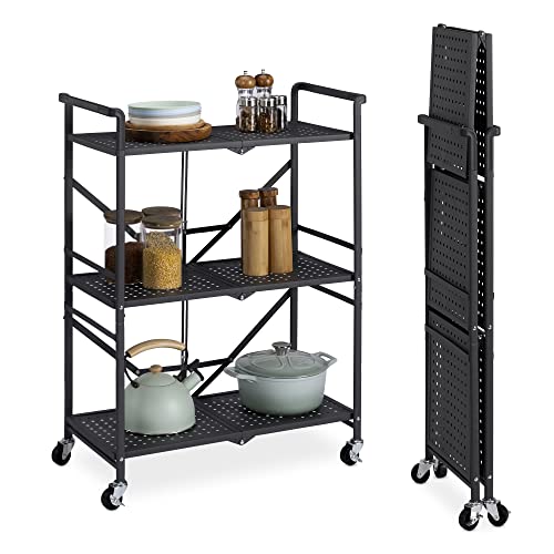Navaris Carrello Pieghevole a 3 Ripiani - Carrellino Cucina Portavivande Oggetti - Portatutto Salvaspazio Casa Ufficio Giardino - in Metallo con Ruote