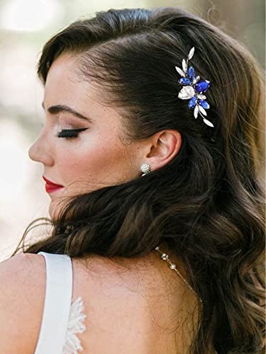 Latious Crystal Wedding Bride Hair Comb Silver Rhinestone Bridal Hair Side Clip Gem Hair Piece Blue Hair Accessories For Women And Girls #TOP28