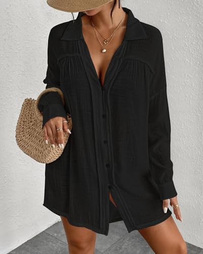 Long Sleeve Swimsuit Cover Up Oversized White Button Down Shirt Wome Bating Suit Coverup