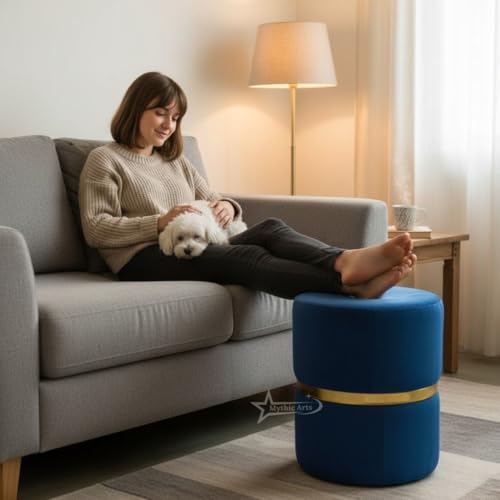 Image of Round Single Strip Upholstered Stool Living Room Foot Rest Linen Fabric Padded Seat Pouf Ottoman Office Stool Blue