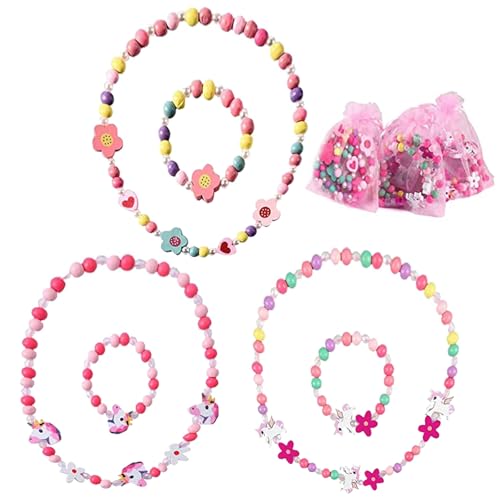 JOKILY Juego de 6 joyas de madera para niños, joyas para niñas, collar y pulsera de perlas de unicornio, pulseras para niñas, cadena de madera de princesa, disfraz de niña, Plástico, Perla