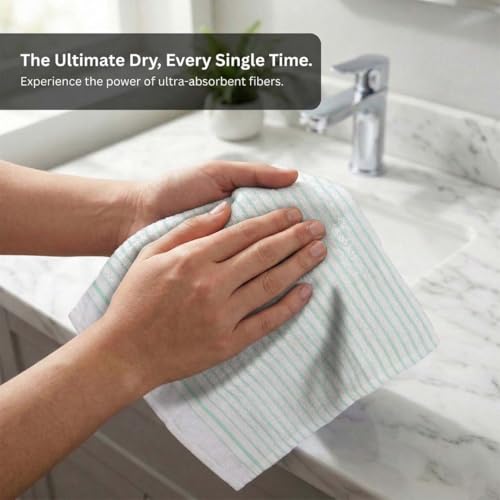Image of Athom Living Premium Hand Towels- Cotton, 400 GSM, Ultra Soft, Quick Dry, Highly Absorbent | for Hand, Kitchen and Gym | 60 * 40 cm, Pack of 4 (White with Brown & Sea Green Stripes)