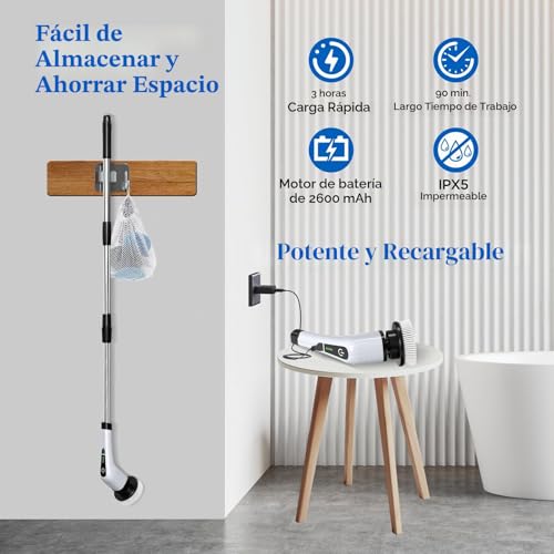 Miniatura 4 de Fari Fregadora Giratoria Eléctrico,Cepillo De Limpieza Inalámbrico Con 8 Cabezas De Cepillo Reemplazables,Cepillo Eléctrico De Ducha Con Mango Ajustable Para Baño,Suelo De Baldosas Y Coche Ans-8050