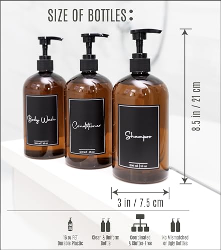Image of Alora 5-in-1 Apothecary Bottles for Home & Commercial Use - 16oz Elegant 8.5x3in Refillable Amber Shampoo Storage, Handwash, Massage Oils - Includes 24 Waterproof Labels, Bonus 2CC Pump & Funnel