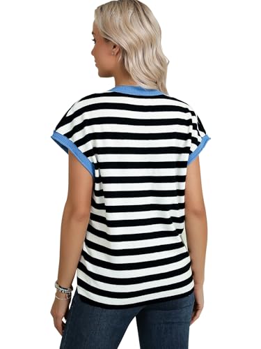 Women Cap Sleeve Sweater Vest Striped Sleeveless Contrast Color Tops Crewneck Knit Pullover Casual Loose Fit Tank Tops4