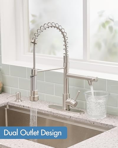 Image of AIMADI Kitchen Faucet with Soap Dispenser and Deck Plates, Brushed Nickel | Spring Single Handle Kitchen Sink Faucet with Pull Down Sprayer for Farmhouse Laundry Camper RV Bar,1 or 3 Hole