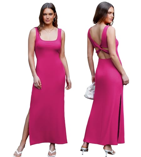 Image of Women Backless Bodycon Maxi Dress High Side Slit Twist Back Tank Dress | Criss Cross Twist Back Clubwear Scoop Neck Evening Party Dress Casual Vacation Beach Sundress Sleeveless Slit Prom Gown