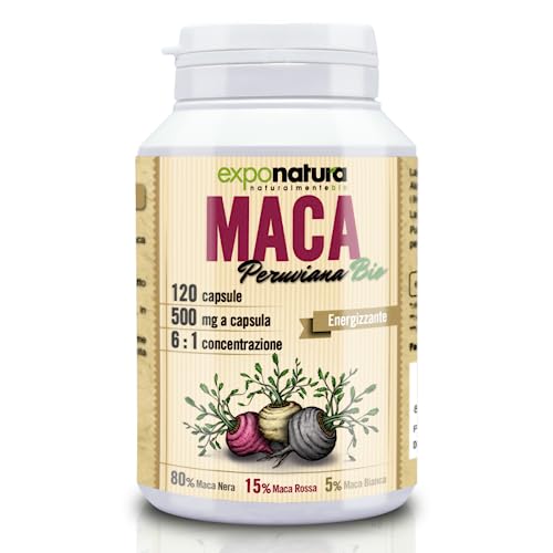 Exponatura | Maca Peruviana Biologica Capsule – Alto Dosaggio 500mg (6:1 Nera/Rossa/Gialla) Gelatinizzata RAW per Energia e Vigore | 120 Unità