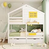 THINK 30 Twin Over Twin Bunk Bed with 2 Drawers, 1 Storage Box, 1 Shelf, Window and Roof, Wood Playhouse Bed Frame for Kids Boys Girls Teens, No Boxspring Required (White)