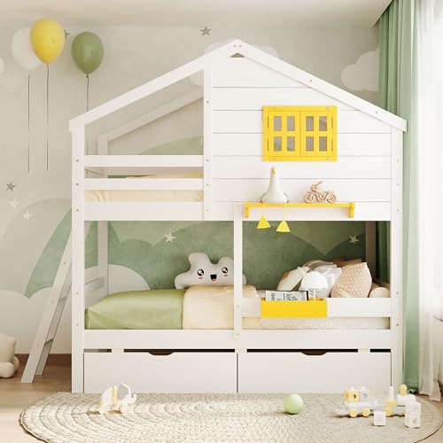 Merax Twin Over Twin Bunk Bed with 2 Drawers, Twin Bunk Bed with House Design, Wood Bunk Bed with Small Storage Box and Shelf, Window and Roof for Kids, No Box Spring Needed, White