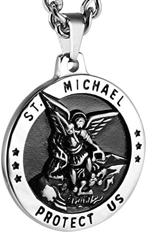 HZMAN Saint Michael Necklace for Men Stainless Steel Retro Archan...