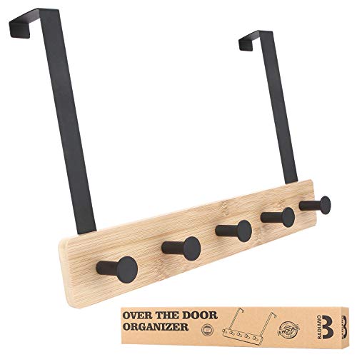 Badiano Over The Door Hook Hanger, Bamboo Coat Rack with 5 Metal Hooks, Wood Clothes Organizer for Coat, Towels, Bags, Robes (Black)