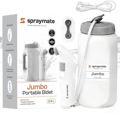 Portable Bidet for Travel & Home Electric High Pressure Rechargeable Bidet for Women & Men | 2.5L Bottle | 1300ML/Min Flow | USB-C | 1600mAh Battery | USA Brand Spray Mate Jumbo (White)