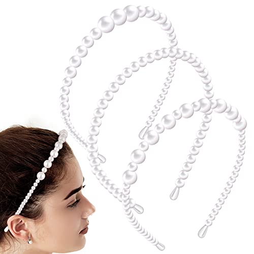 Pearl Headbands for Women, 3 Pack Pearl Headband White Bridal Hair Accessories for Beads Solid Headwear Hairbands Girls Wedding Birthday Valentines Day Gifts Party, 3 Styles