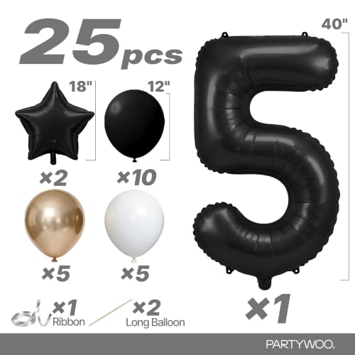 Image of PartyWoo Black Number 5 Balloon 40 Inch 25pcs Black Foil Star White Gold