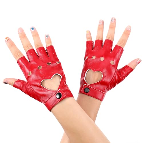 Red Half Finger Leather Gloves, Stylish Red Fingerless Biker Punk Gloves PU Leather Dance Glove Heart Cutout Punk Half Finger Driving Glove for Halloween Costume Dress Up, Cosplay, Performance