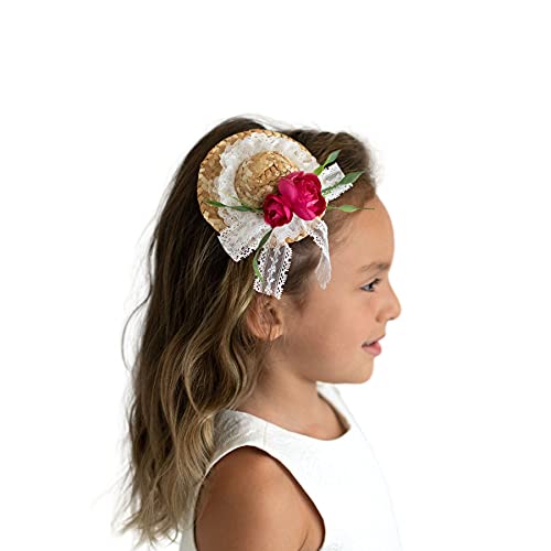 Summer Crystal Straw Hat Girl Alligator Hair Clip (Valentine Rose)